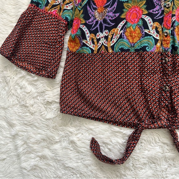 Anthropologie Maeve Top Carter Blouse Button Front Tie Waist 3/4 Sleeve Floral 4 - Picture 7 of 12